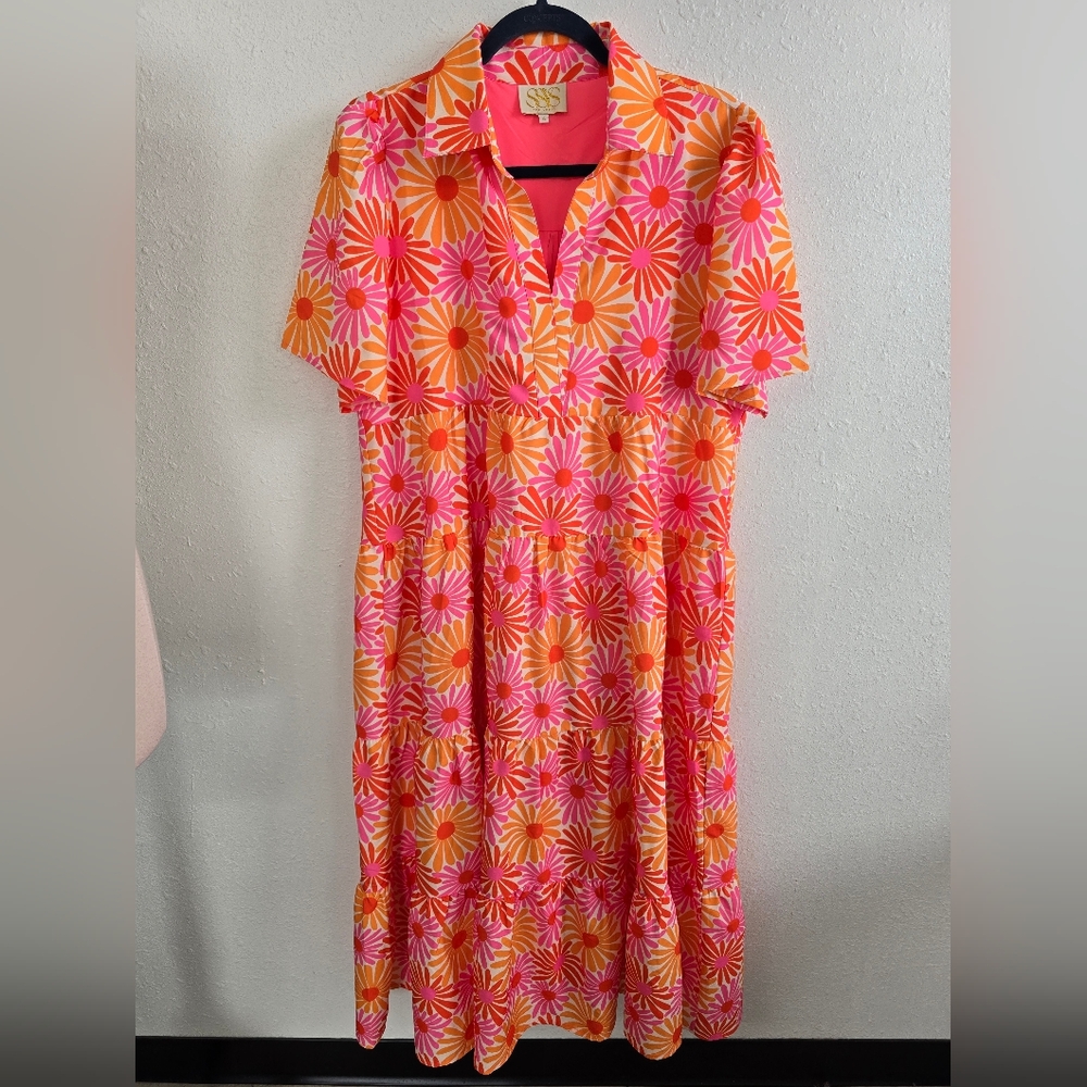 SSYS the label The Short Sleeve Emery Midi Dress in Pink Orange Daisy XL - Picture 4 of 11